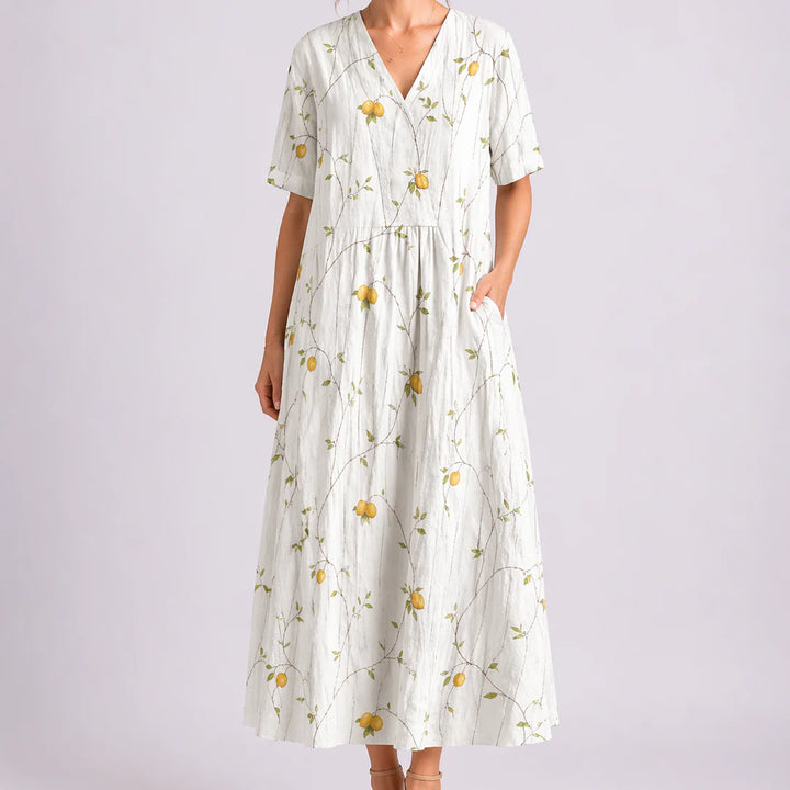 Floral midi dress worn casually showing relaxed fit and comfortable drape