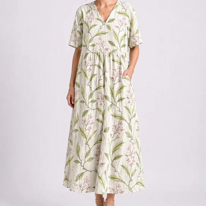 Detail of floral print pattern on midi dress in blue and yellow tones
