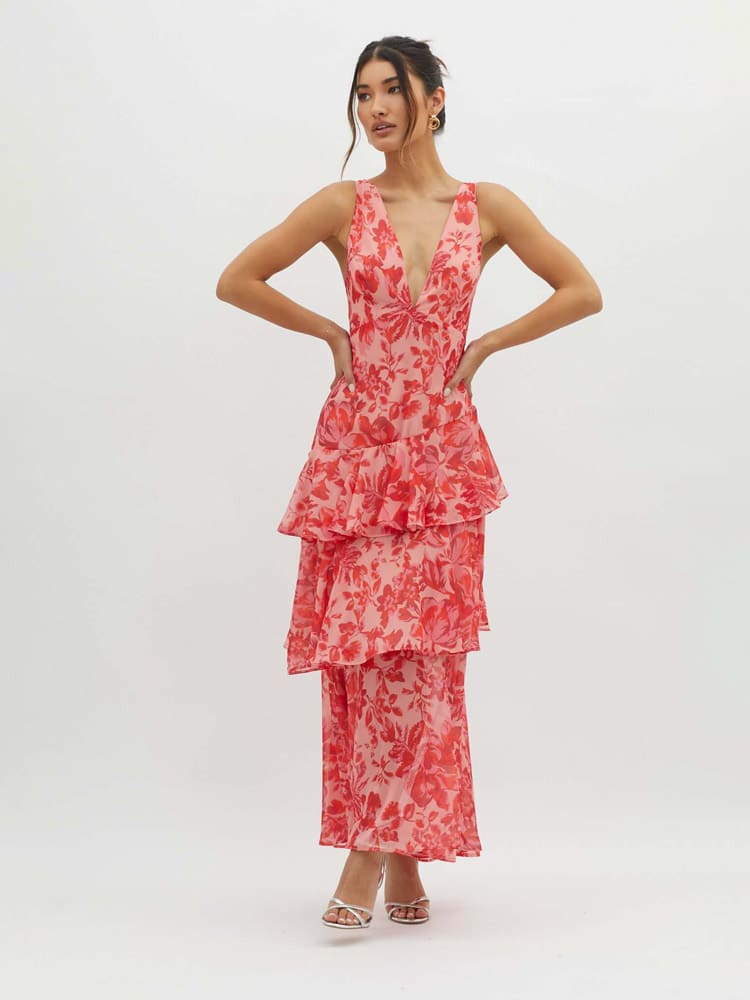 Back detail of floral maxi dress with tiered skirt and fitted waist for garden parties