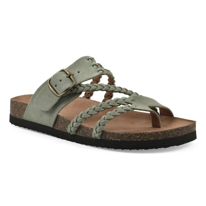 Women's Braided Strap Buckle Toe-Loop Sandals in sage green with woven straps and cork footbed