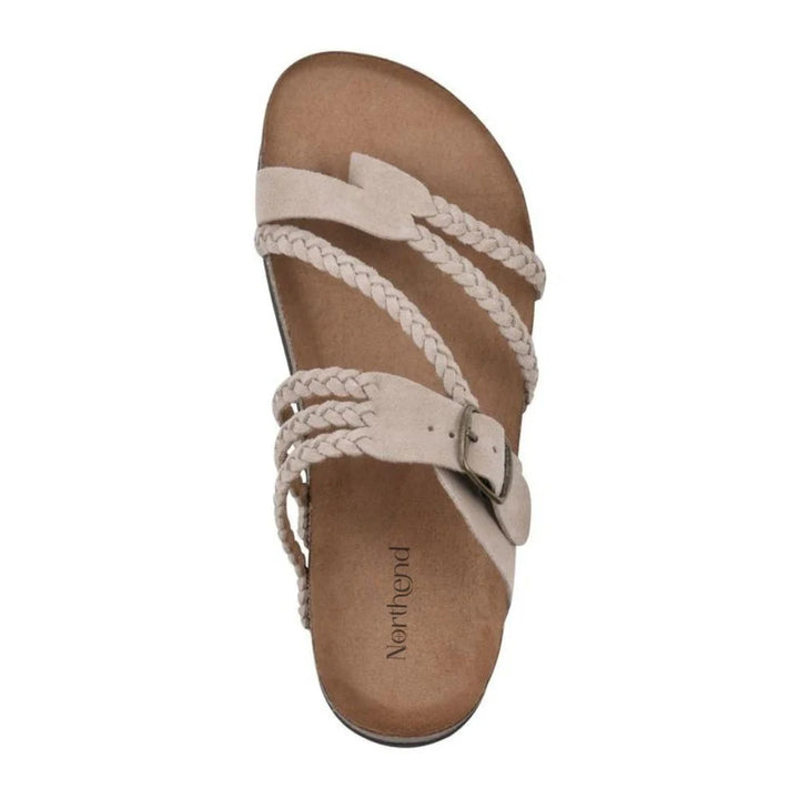 Side view of braided strap sandals showing adjustable buckle closure and toe-loop design