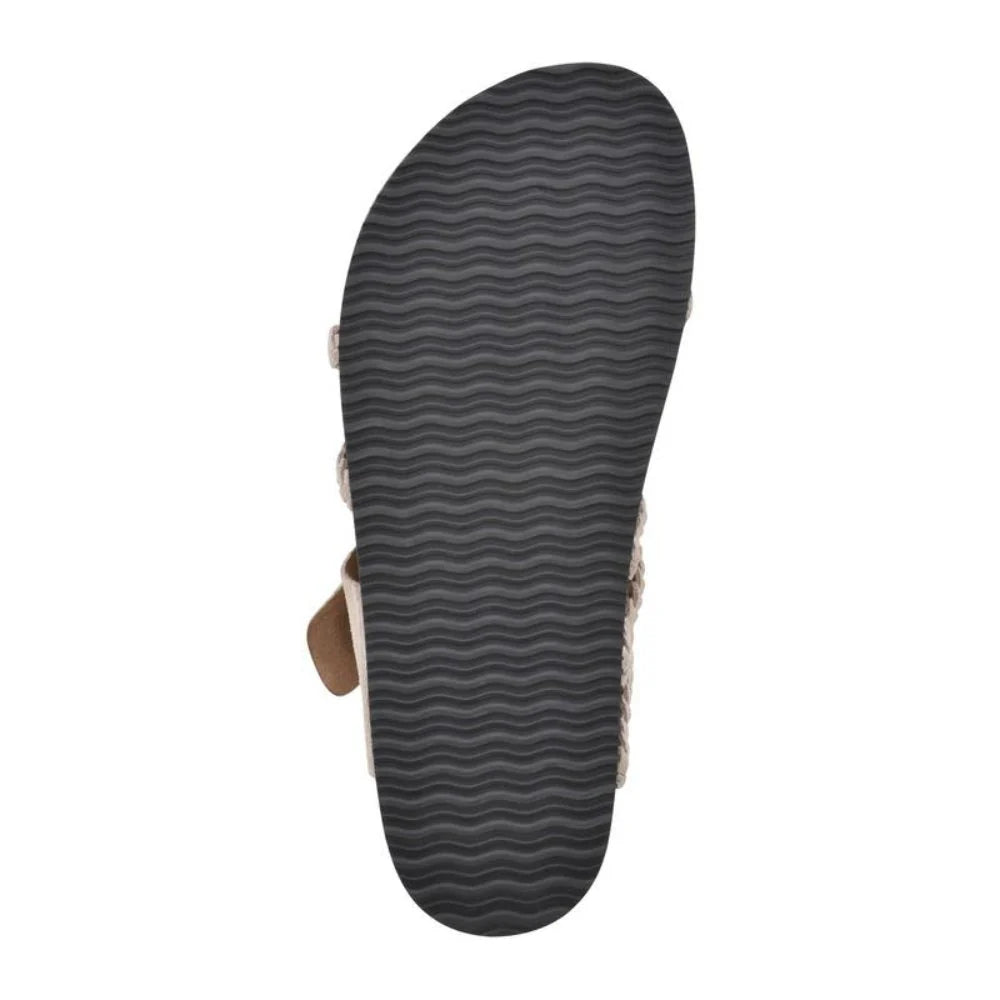 Angled view of toe-loop sandals displaying woven strap detail and textured footbed