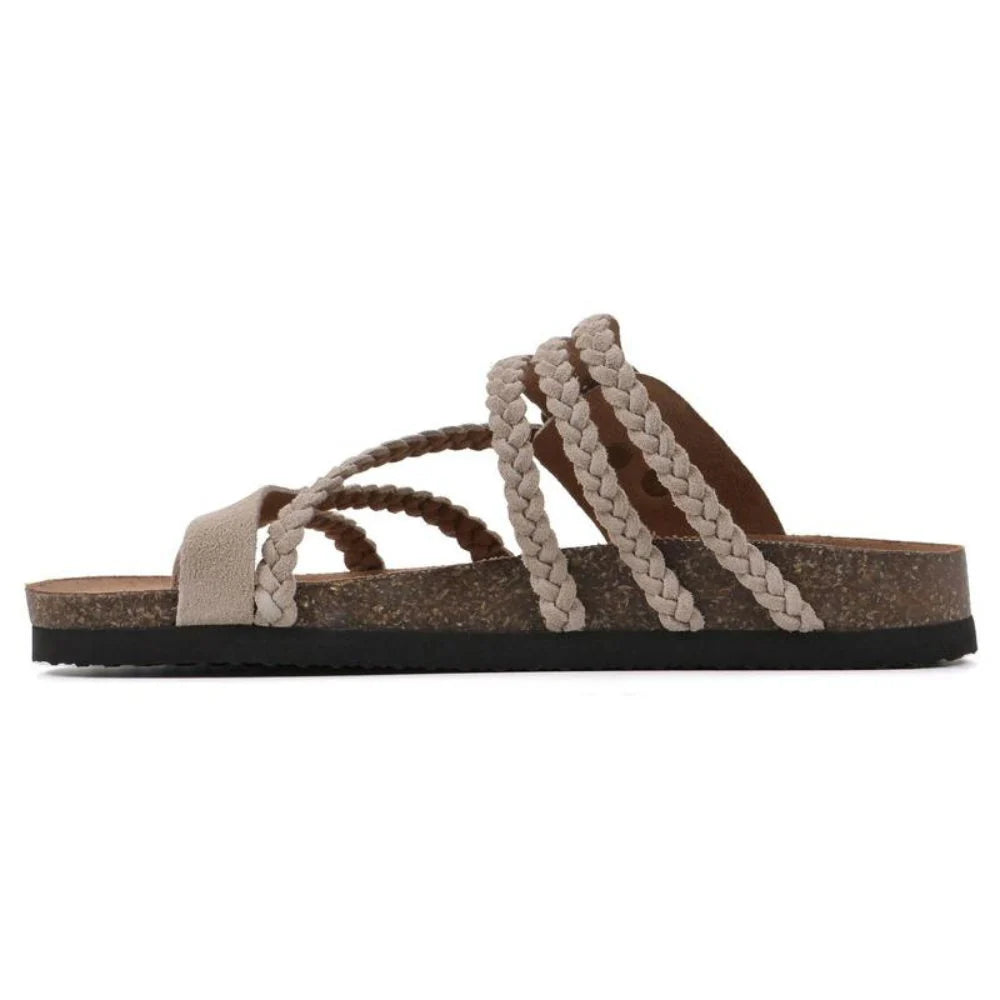 Women's braided sandals with buckle fastening and artisan-inspired woven straps on cork base