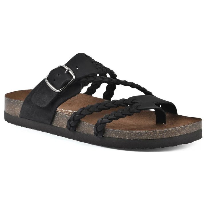 Top-down view of cork footbed sandals with braided straps and secure buckle closure