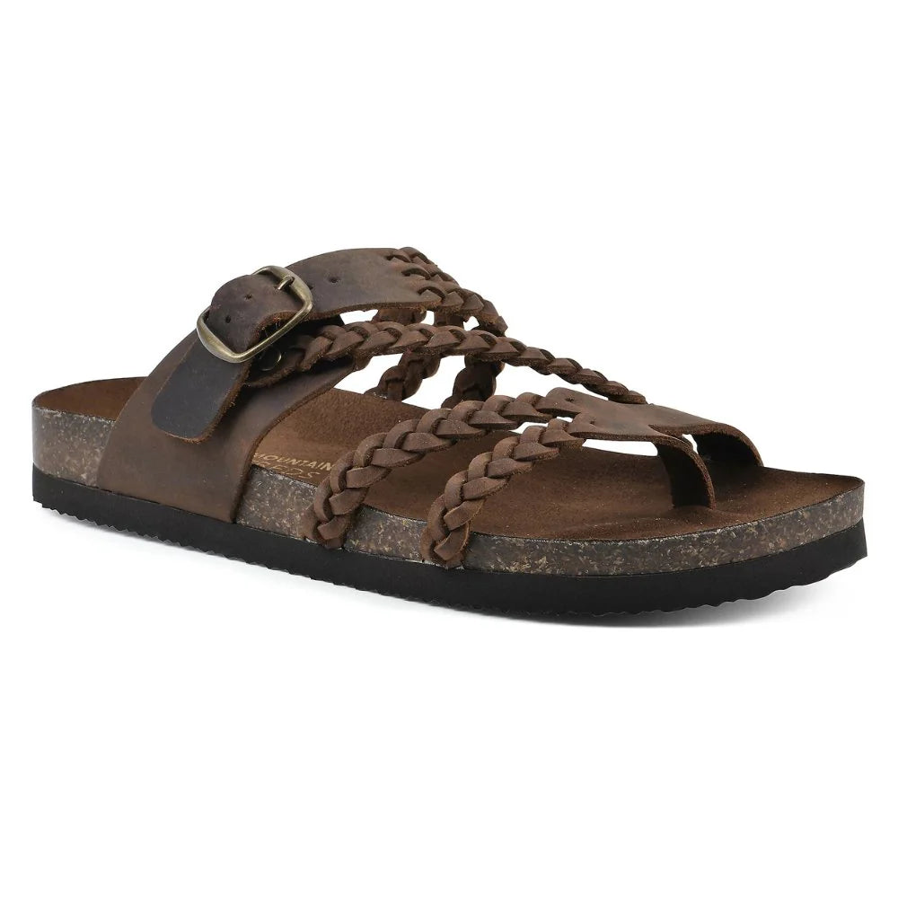 Women's casual sandals featuring woven toe-loop design and cushioned cork sole
