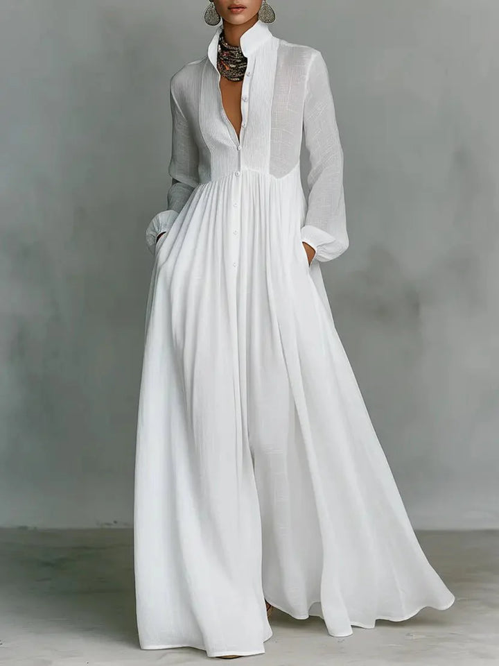 Millie Maxi Dress Stand-Up Collar Cotton Linen Blend in white with single-breasted button closure and floor-length silhouette