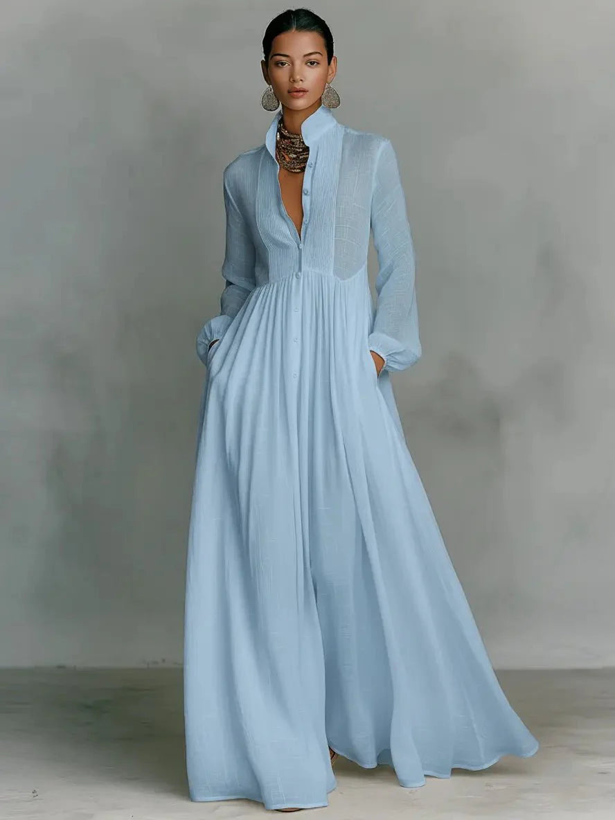 Side angle showing floor-length cut and side pocket detail on cotton linen blend maxi dress