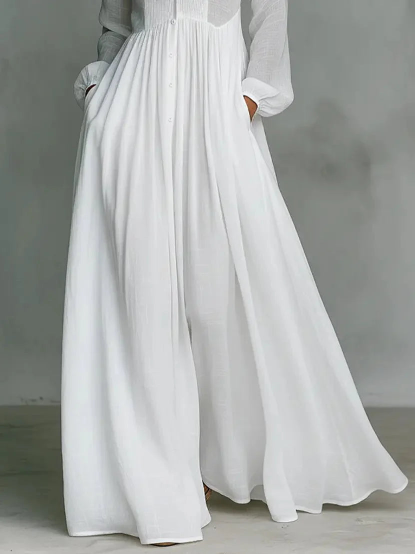 Detail of lightweight cotton linen blend fabric and tailored collar construction on maxi dress