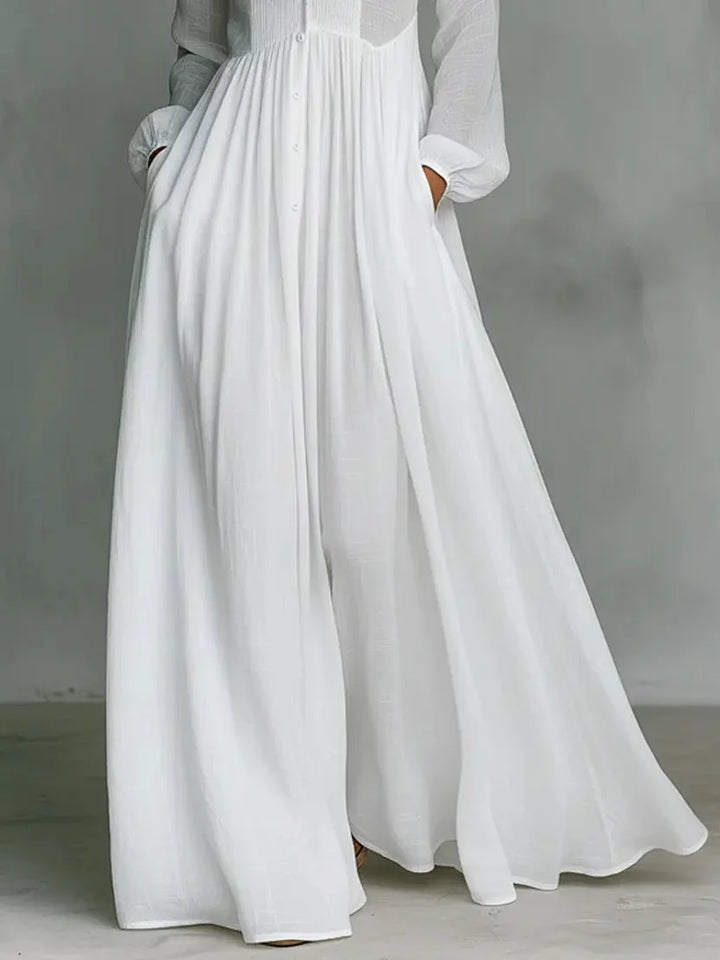 Detail of lightweight cotton linen blend fabric and tailored collar construction on maxi dress