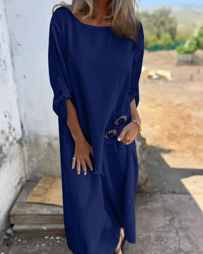 Women's Linen Blend Set with Relaxed Fit and Practical Pockets in navy blue with boat neckline and decorative sleeve buttons