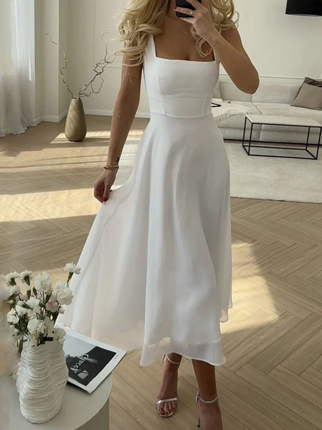 Women's Square Neck A Line Wedding Midi Dress in white with fitted bodice and flowing skirt