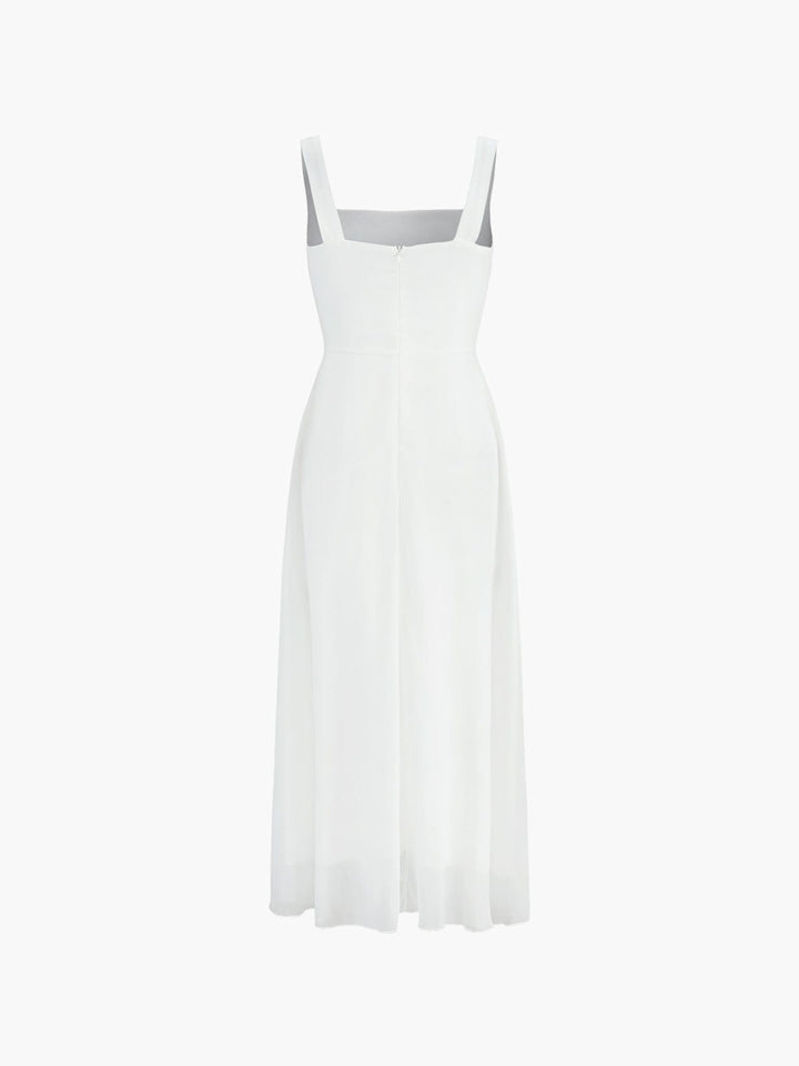 Close-up detail of square neckline on Women's Square Neck A Line Wedding Midi Dress