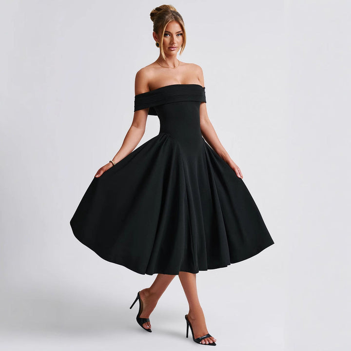 Close-up view of the Off-Shoulder Flare Midi Dress showing folded neckline and fitted bodice detailing