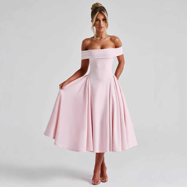 Back view of the Off-Shoulder Flare Midi Dress showing concealed zip closure and structured silhouette