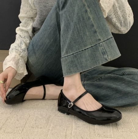 Women's Orthopaedic Mary Jane Shoes in glossy patent black with adjustable ankle strap and rounded toe design