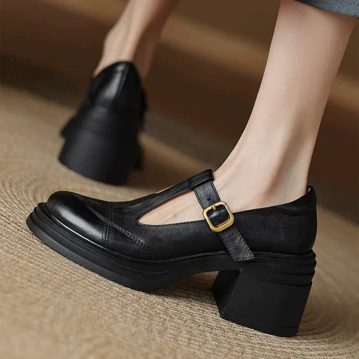 Ottilie Classic Women's Leather T-Strap Shoes with block heel and adjustable buckle fastening in black