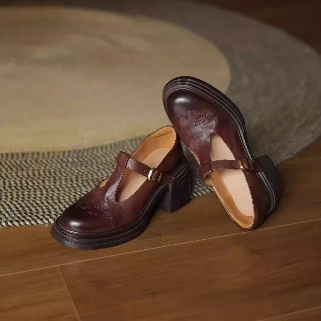 Side view of Classic Women's Leather T-Strap Shoes showing chunky block heel and smooth finish