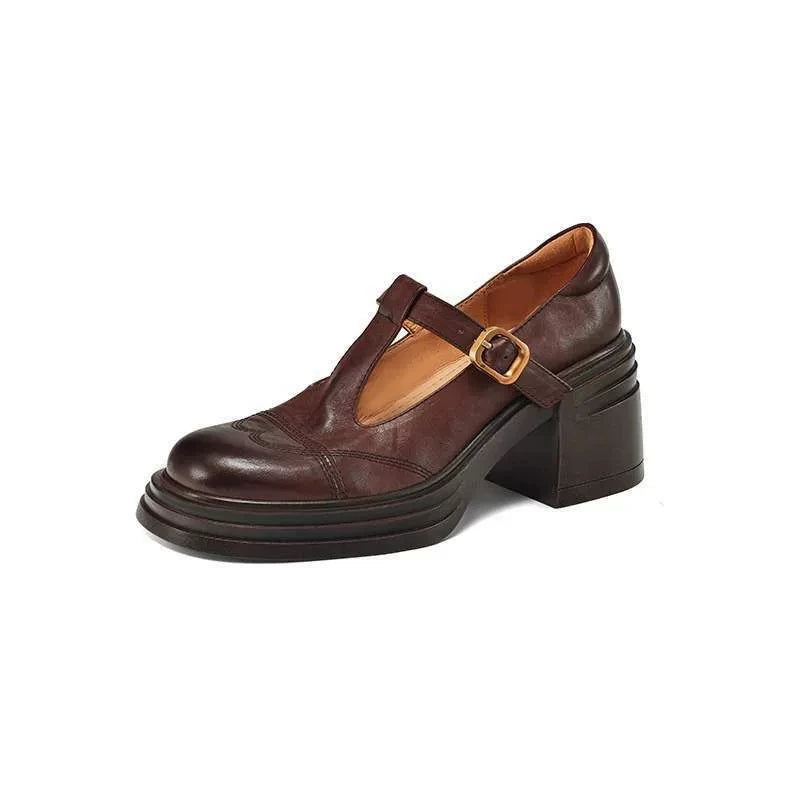 Front angle of Classic Women's Leather T-Strap Shoes displaying rounded toe and vintage silhouette