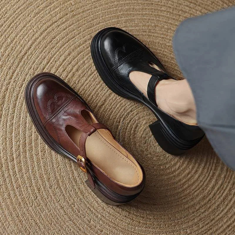 Rear view of Classic Women's Leather T-Strap Shoes highlighting block heel construction and ankle strap