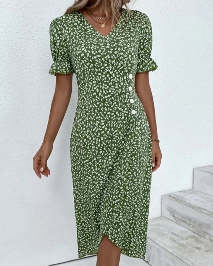 Ottilie Wrap Dress Women's Floral V Neck in green floral print with adjustable tie waist and midi length