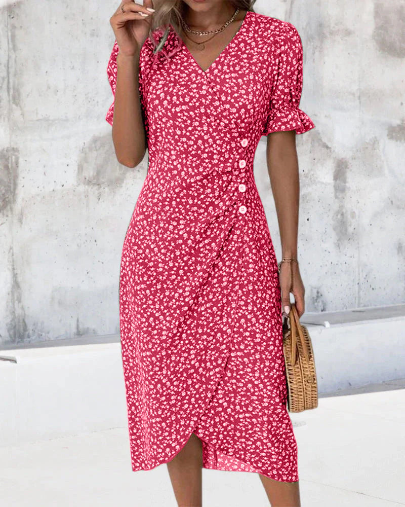 Dark pink floral wrap dress with V neckline and ruffle sleeves for evening occasions