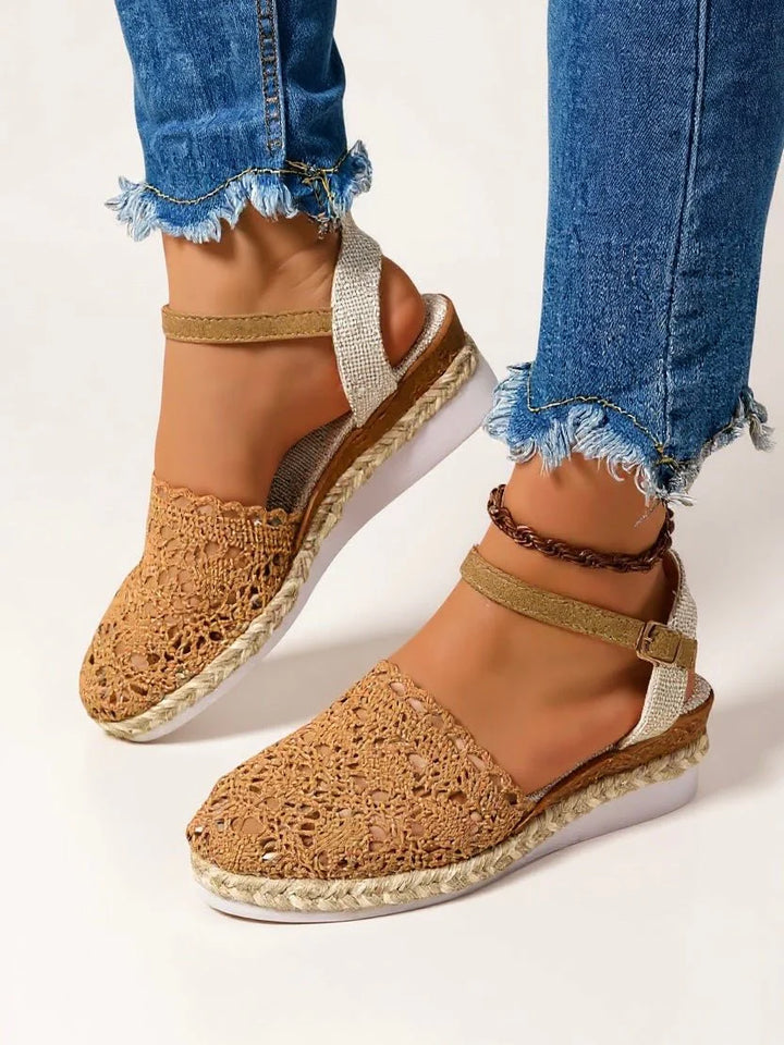 Women's boho platform sandals in neutral tone with crochet woven espadrille design for casual summer style