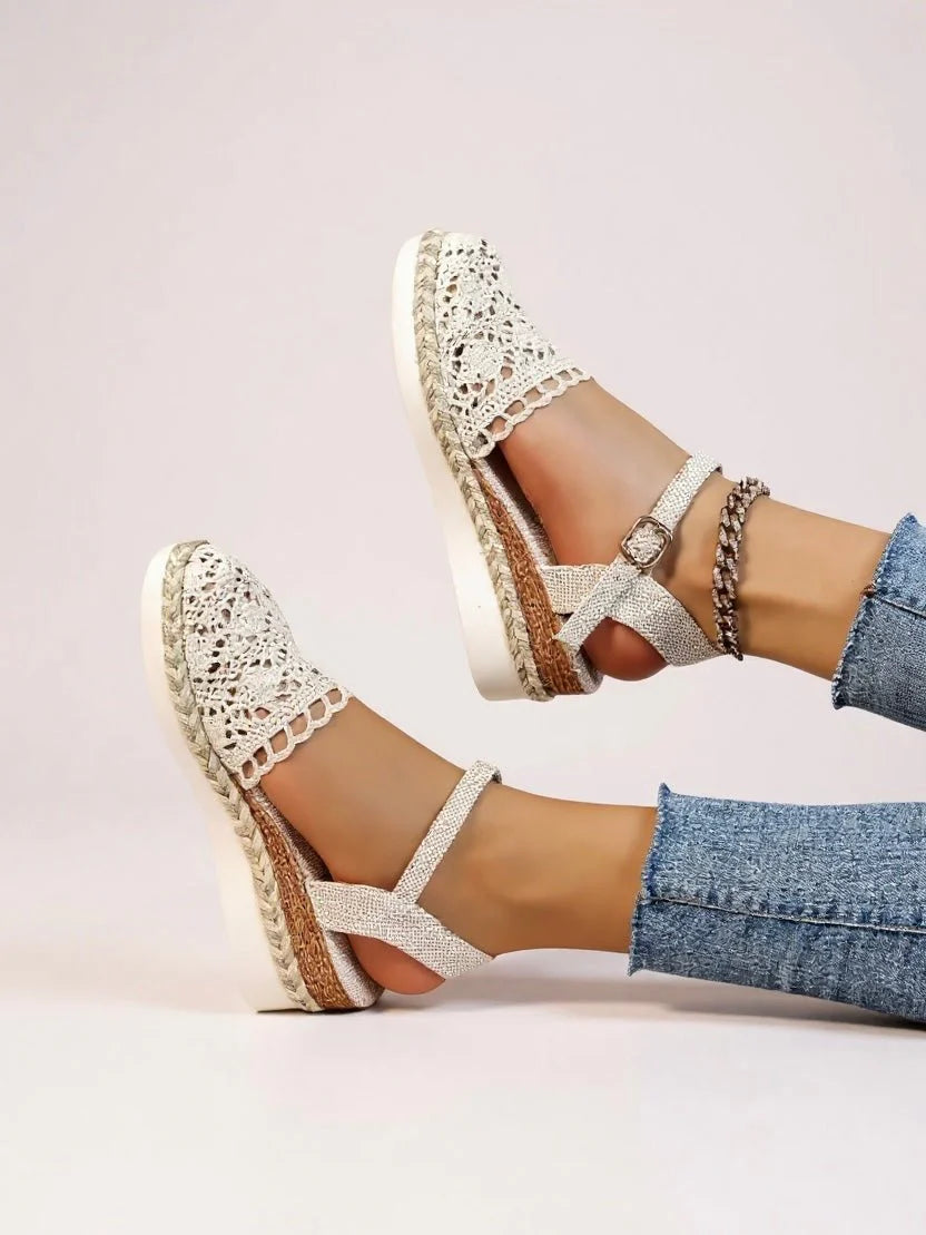Women's crochet platform sandals with ankle strap and woven espadrille design in neutral tone