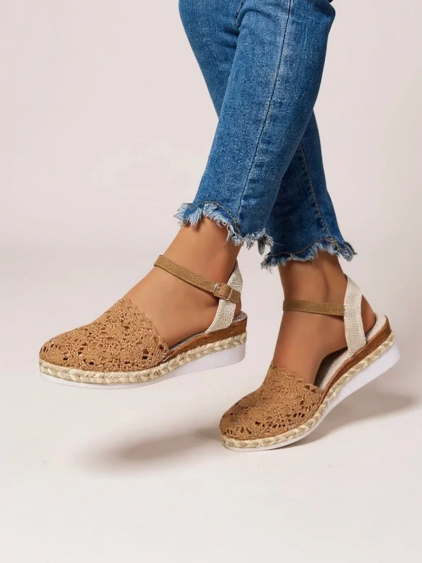 Boho platform sandals featuring woven crochet detailing and espadrille-wrapped platform sole