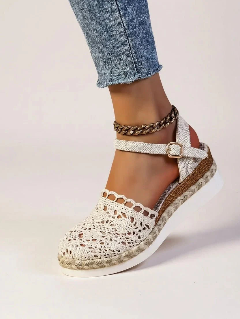 Women's ankle strap sandals with crochet woven upper and platform espadrille base