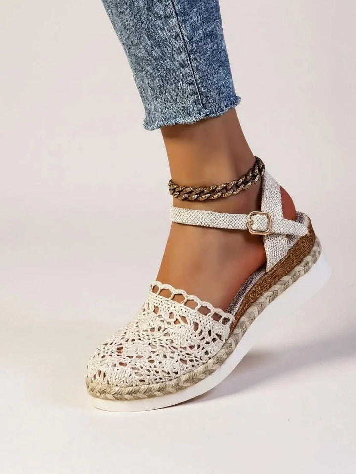 Women's ankle strap sandals with crochet woven upper and platform espadrille base