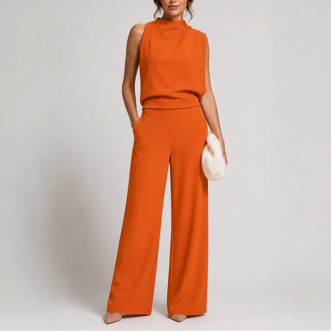 Full-length view of wide-leg jumpsuit with elegant drape and tailored waist