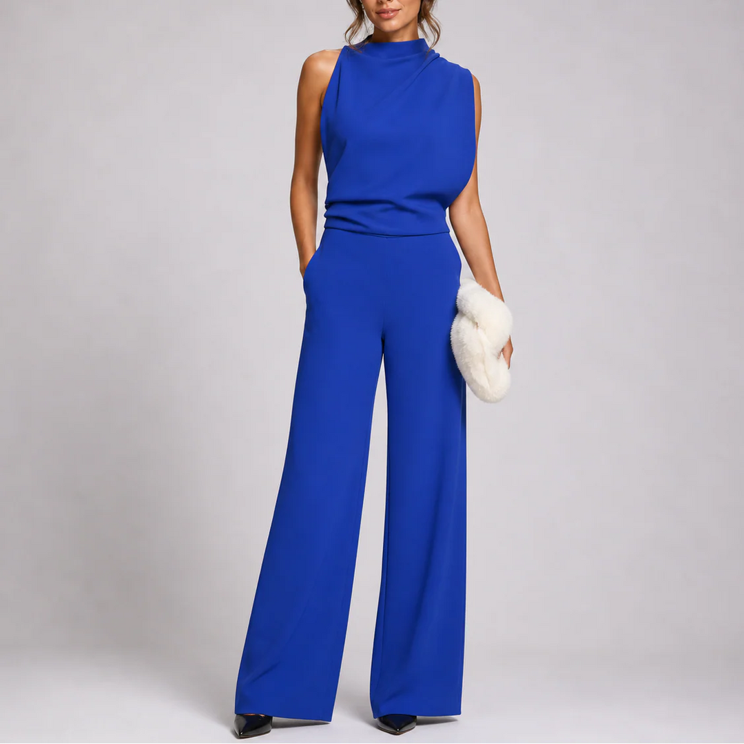 Back view of sleeveless jumpsuit showing concealed zip closure