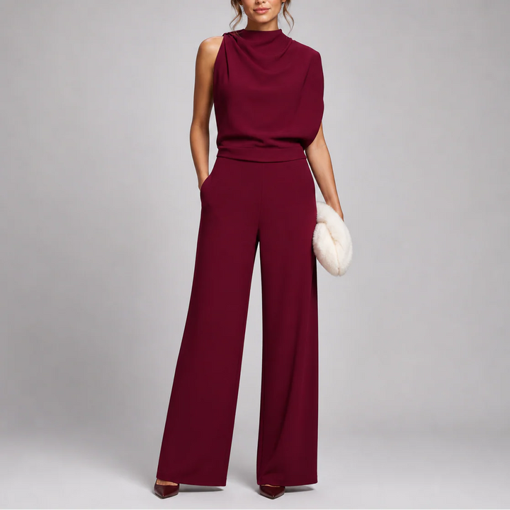 Close-up of high neckline and structured bodice on sleeveless jumpsuit