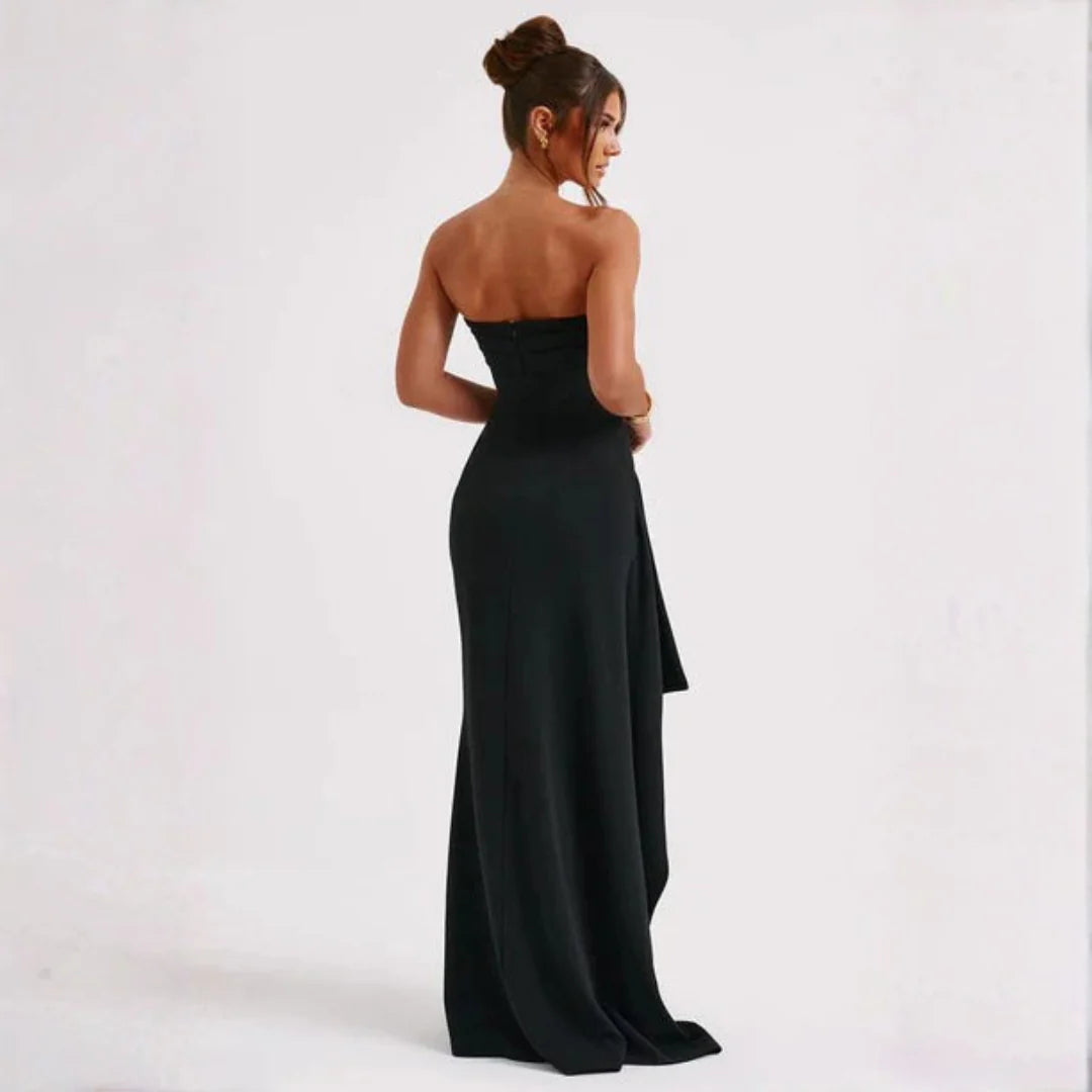 Full-body shot of strapless ruched maxi dress styled for formal evening occasion