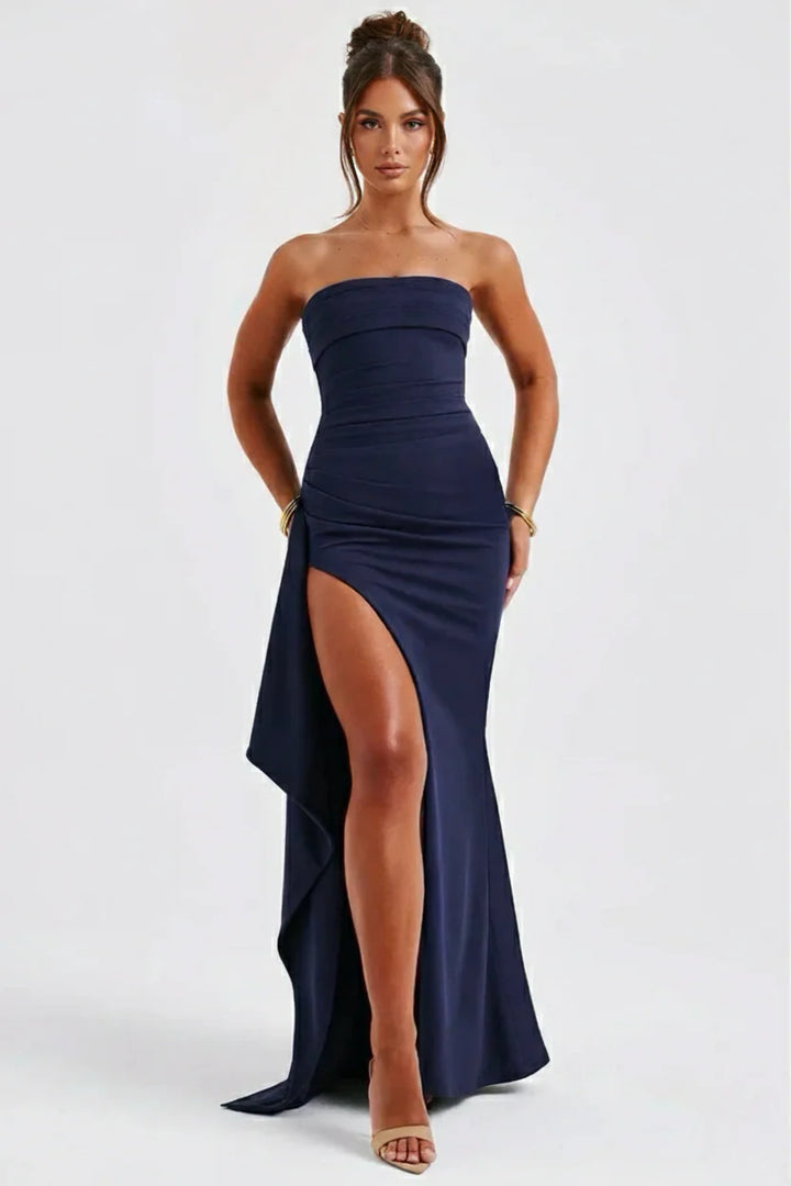 Full-length view of strapless ruched maxi dress with floor-skimming hem and split detail