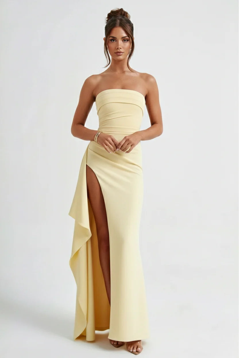 Back view of strapless ruched maxi dress showing smooth crepe fabric and fitted silhouette