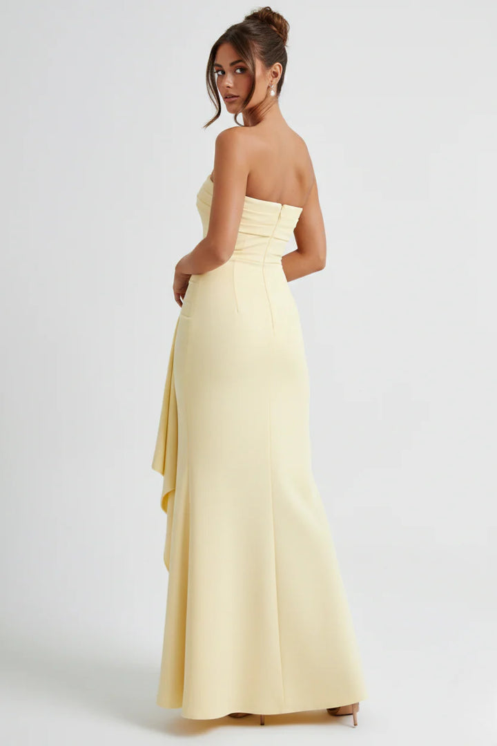 Strapless ruched maxi dress in navy blue colourway with thigh-high split detail