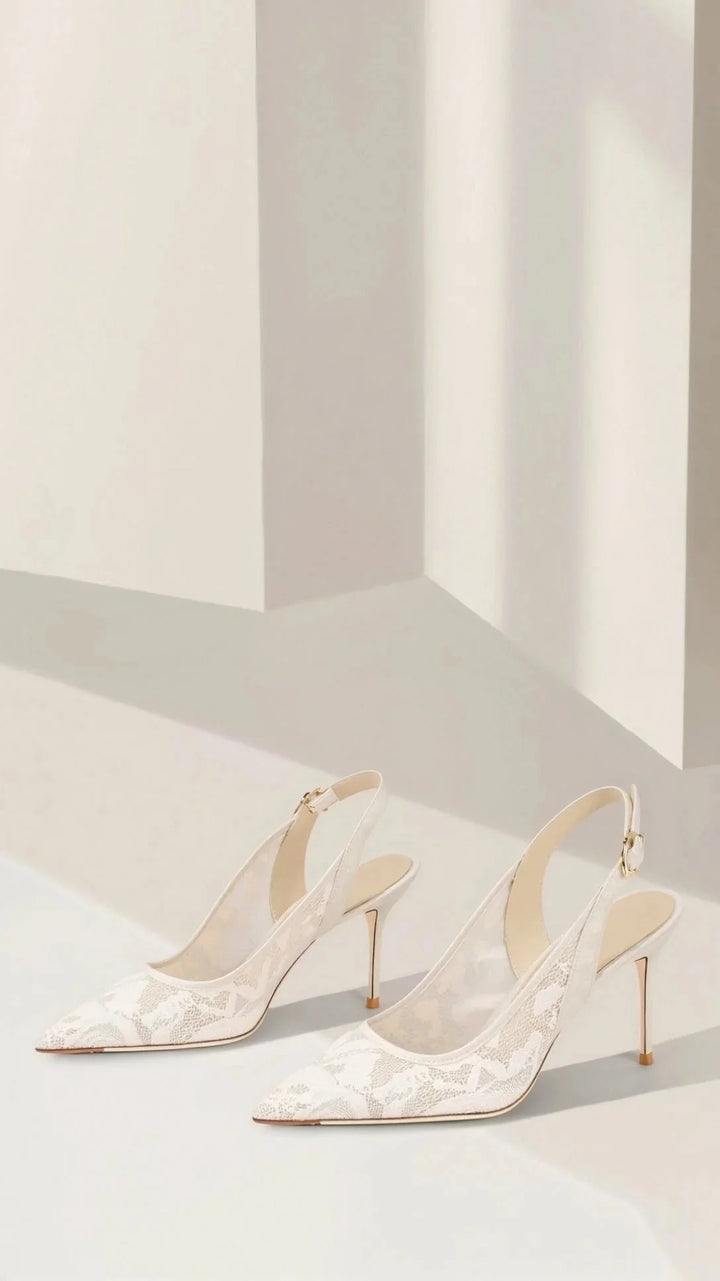 Close-up of adjustable slingback strap and lace detailing on women's heels