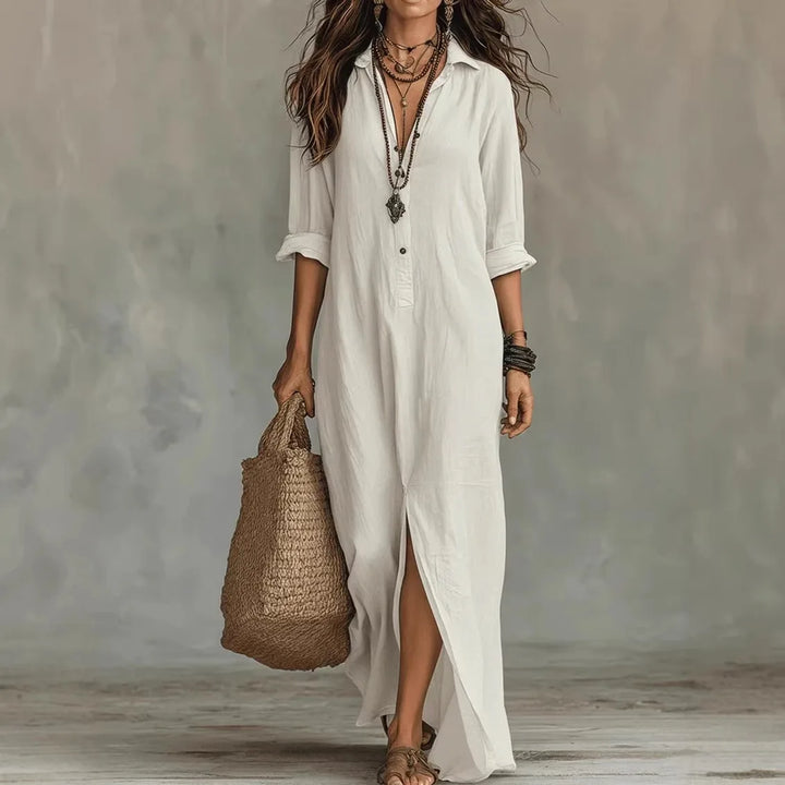 Women's linen shirt dress in white with collar and button-through front, maxi length