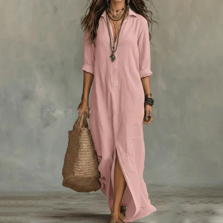 Women's button-through shirt dress in lightweight linen with collar detail