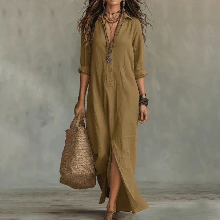 Casual linen shirt dress with roll-tab sleeves and relaxed fit