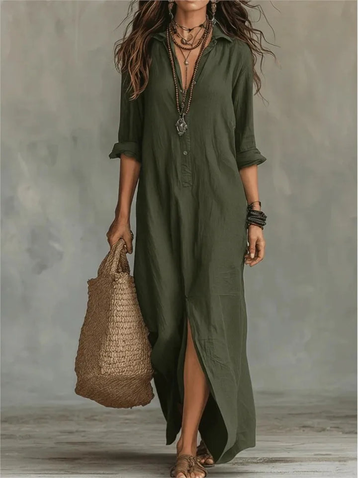 Maxi length linen shirt dress in white with classic collar and button closure