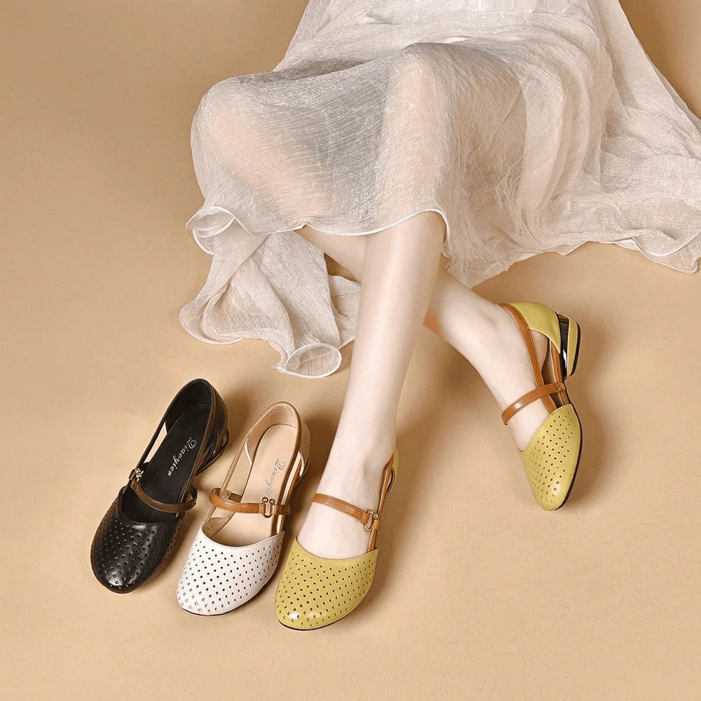 Close-up view of Women's Summer Orthopaedic Sandals showing low block heel and gold-tone buckle fastening