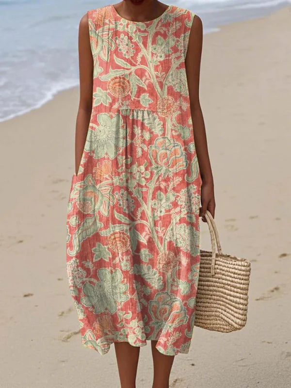 Women's sleeveless dress with premium blend and loose fit in coral botanical print, midi-length silhouette with relaxed drape and round neckline for warm-weather wear