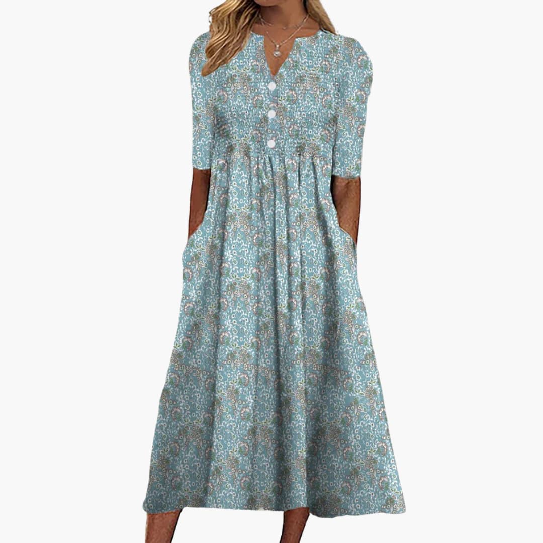 Wedding Guest Midi Dress Women – Floral V-Neck with Buttons in a flowing A-line silhouette with half sleeves and delicate floral print