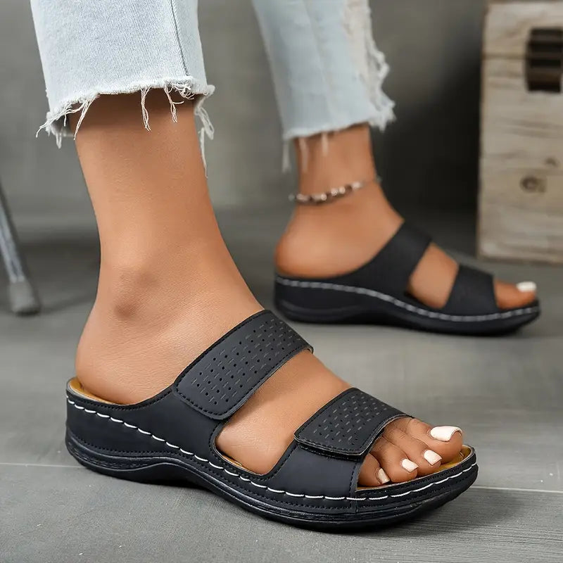 Side view of women's breathable orthopaedic sandals showing triple arch support and cushioned footbed construction