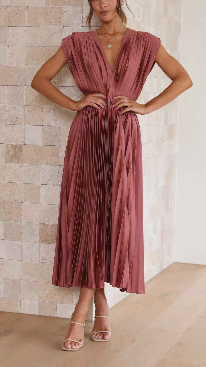 Women's Pleated V Neck Midi Wedding Guest Dress in dusty rose with flowing pleated skirt and cap sleeves