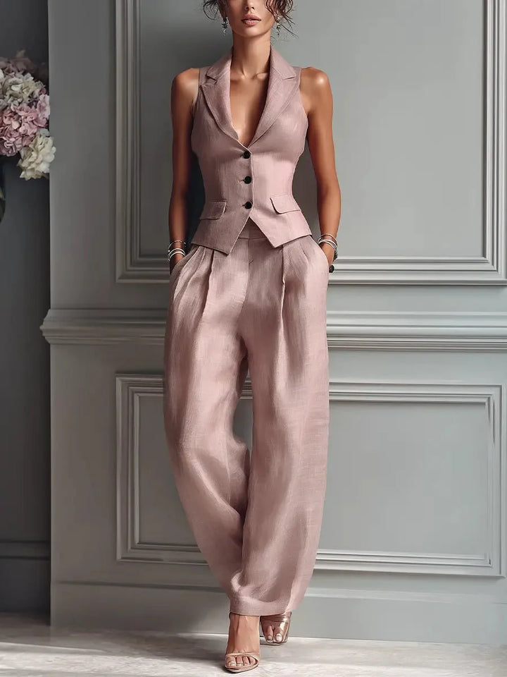 Close-up view of sleeveless button-front waistcoat with structured lapel collar and front pockets