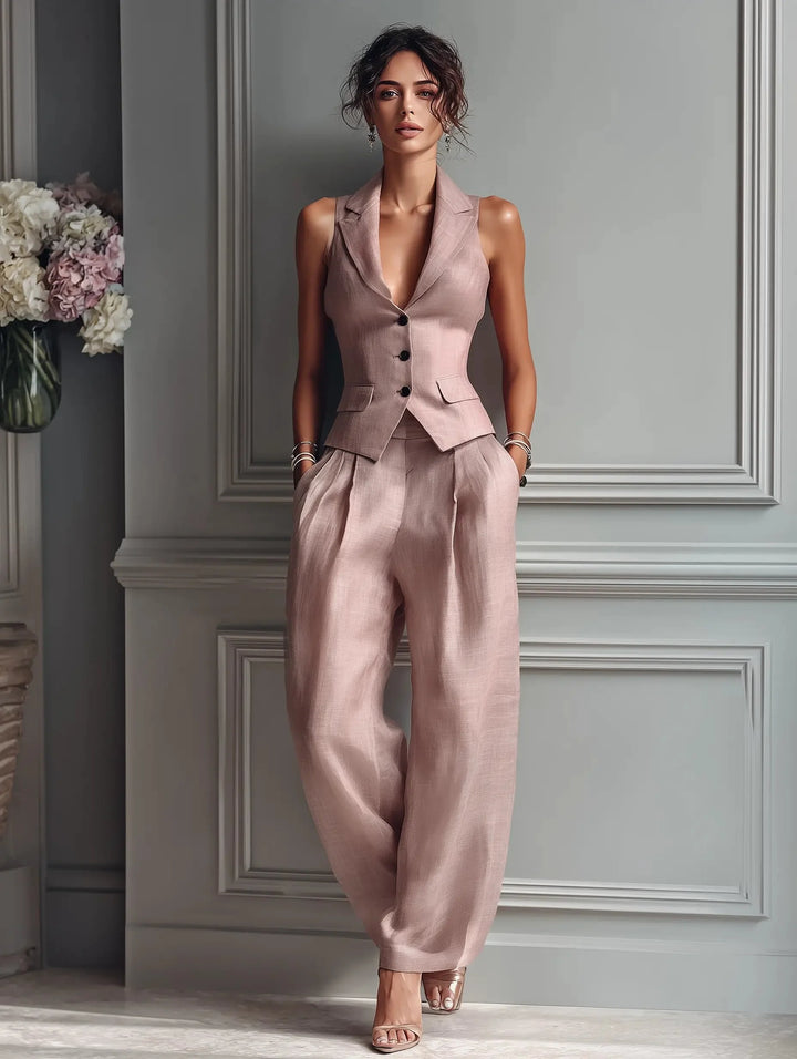 Side profile of women's tailored waistcoat and wide-leg trousers showing relaxed drape and silhouette