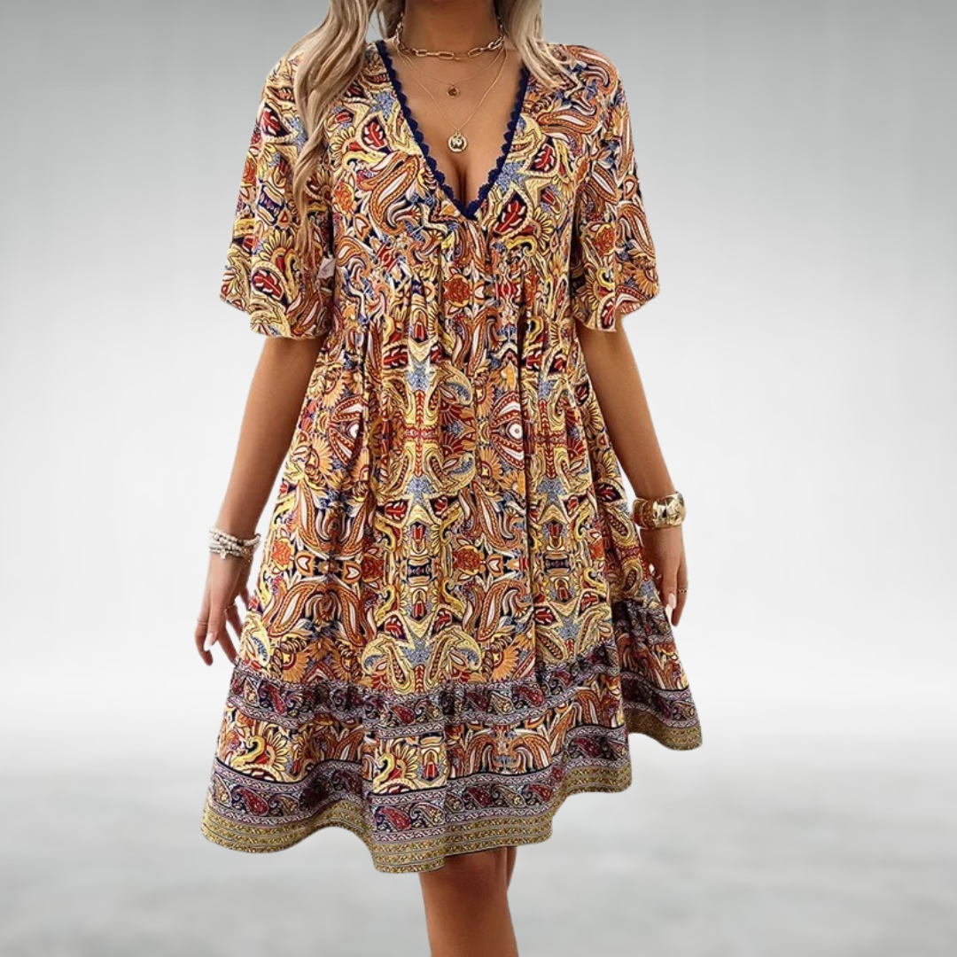 Women Summer Boho Paisley Mini Dress with vibrant paisley print and V-neckline for warm-weather styling